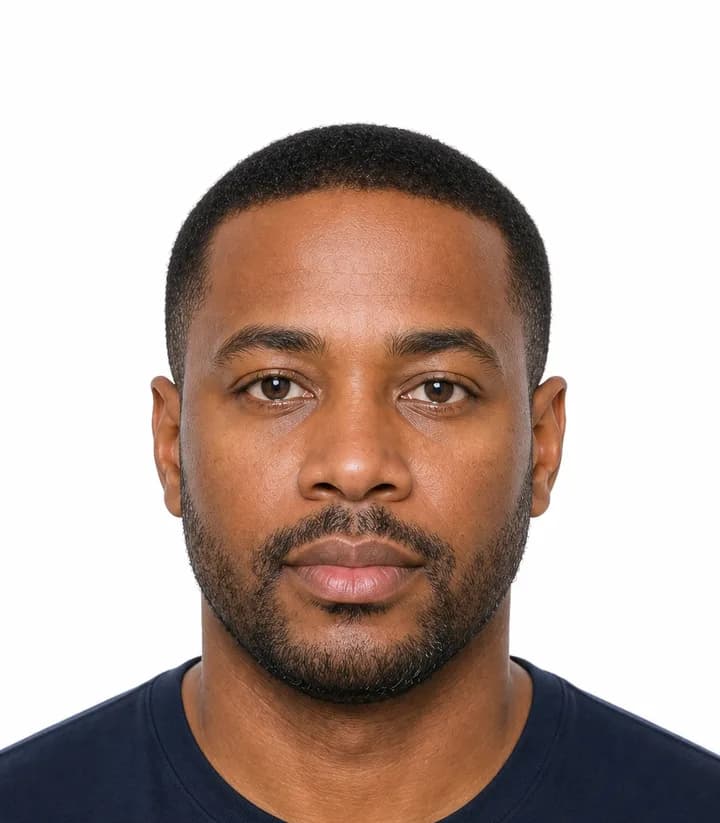 Finished compliant Barbados passport photo (2 x 2 in) on a plain background
