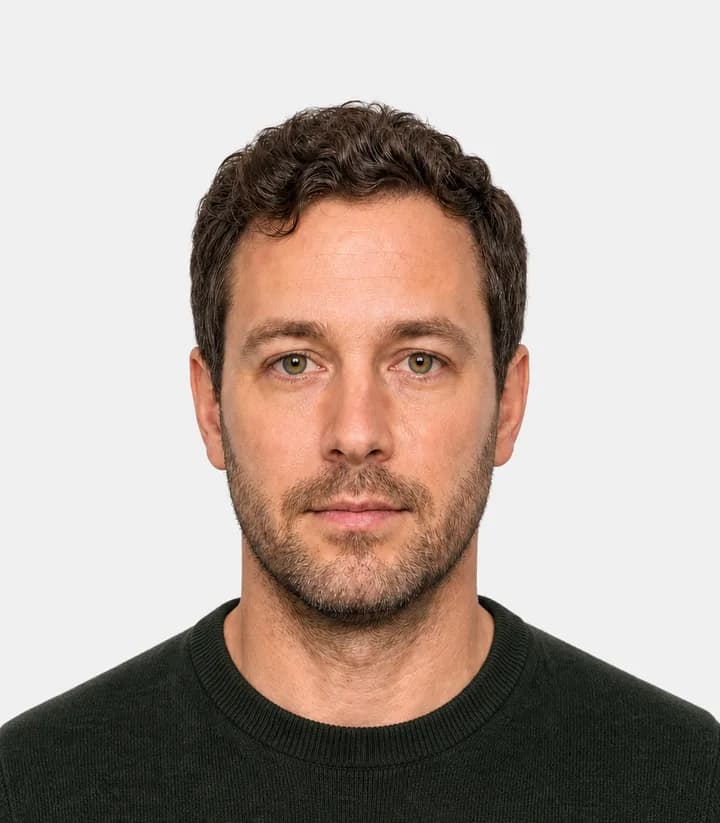 Finished compliant Denmark passport photo (35 x 45 mm) on a plain background
