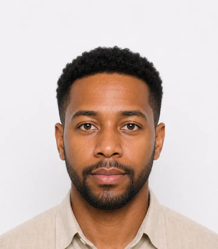 Finished compliant Dominica passport photo (38 x 45 mm) on a plain background