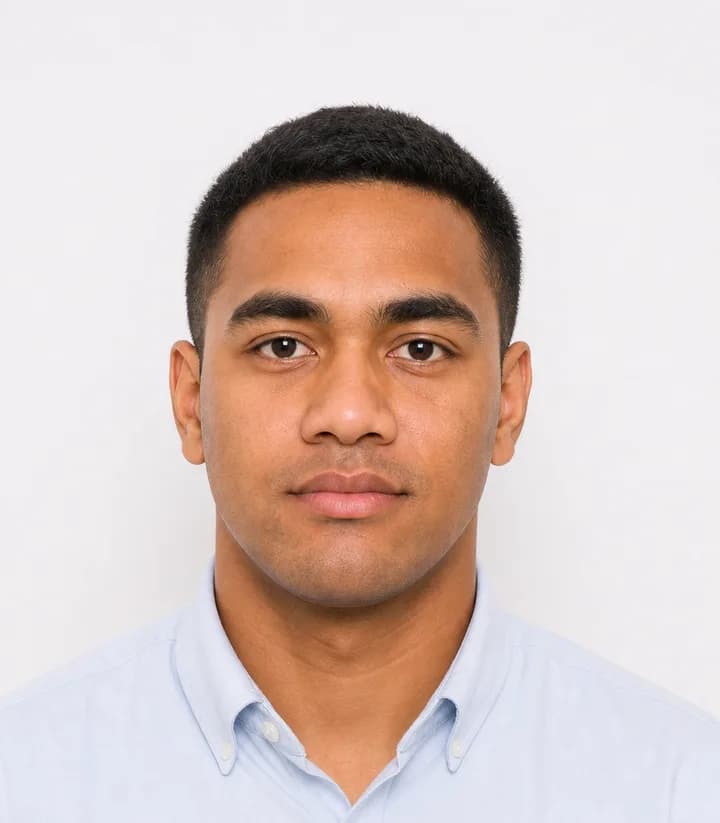 Finished compliant Fiji passport photo (35 x 45 mm) on a plain background
