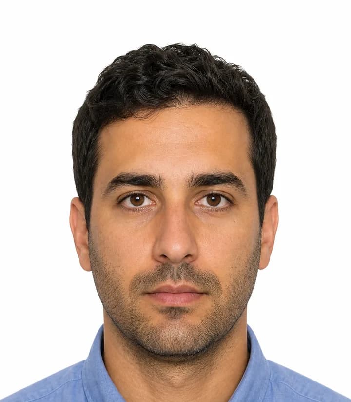 Finished compliant Israel passport photo (2 x 2 in) on a plain background