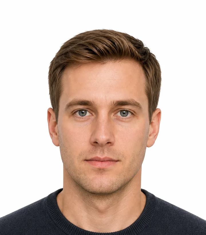 Finished compliant Latvia passport photo (35 x 45 mm) on a plain background