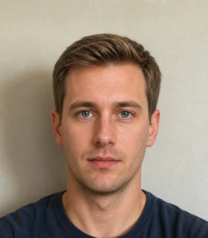 A casual phone selfie before it is made into a Latvia passport photo