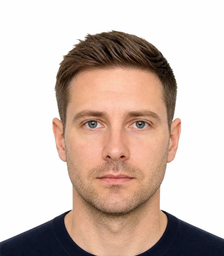 Finished compliant Liechtenstein passport photo (35 x 45 mm) on a plain background