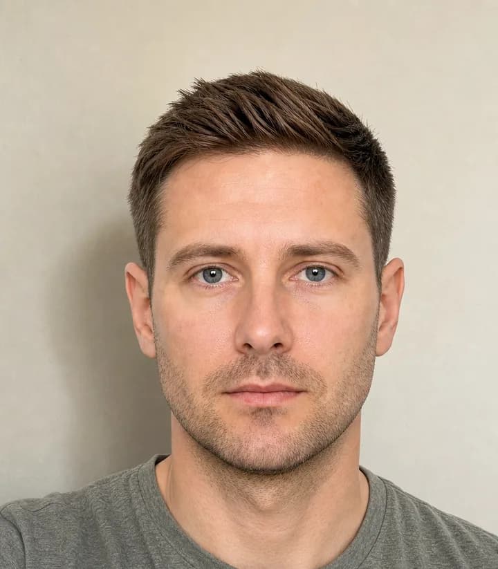 A casual phone selfie before it is made into a Liechtenstein passport photo
