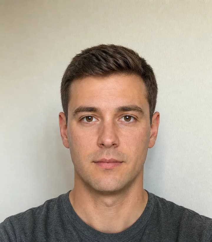 A casual phone selfie before it is made into a Luxembourg passport photo