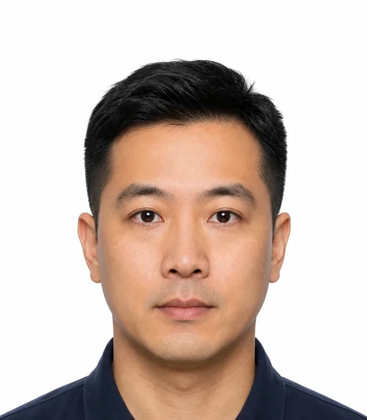 Finished compliant Macau passport photo (35 x 45 mm) on a plain background