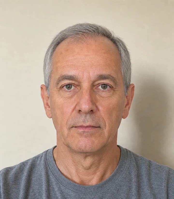 A casual phone selfie before it is made into a Portugal passport photo