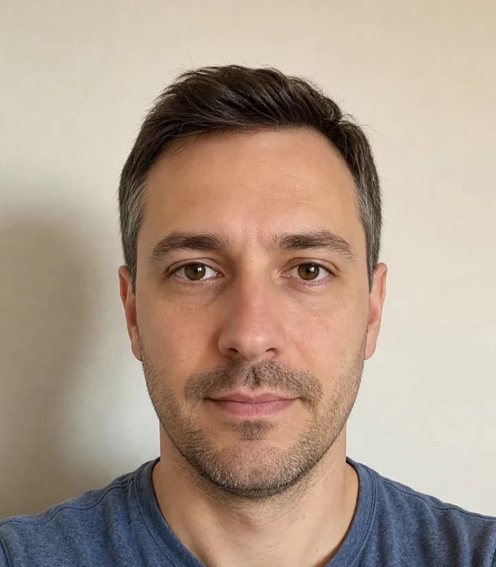 A casual phone selfie before it is made into a Romania passport photo