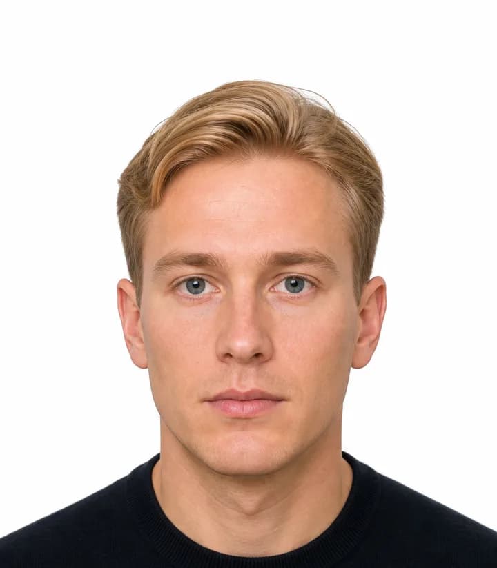 Finished compliant Sweden passport photo (35 x 45 mm) on a plain background
