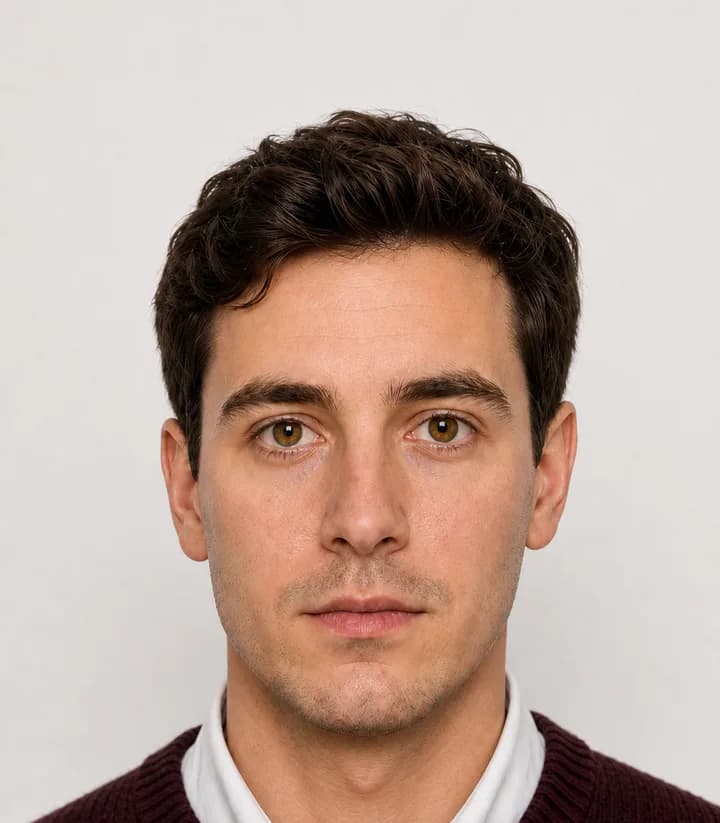 Finished compliant United Kingdom passport photo (35 x 45 mm) on a plain background