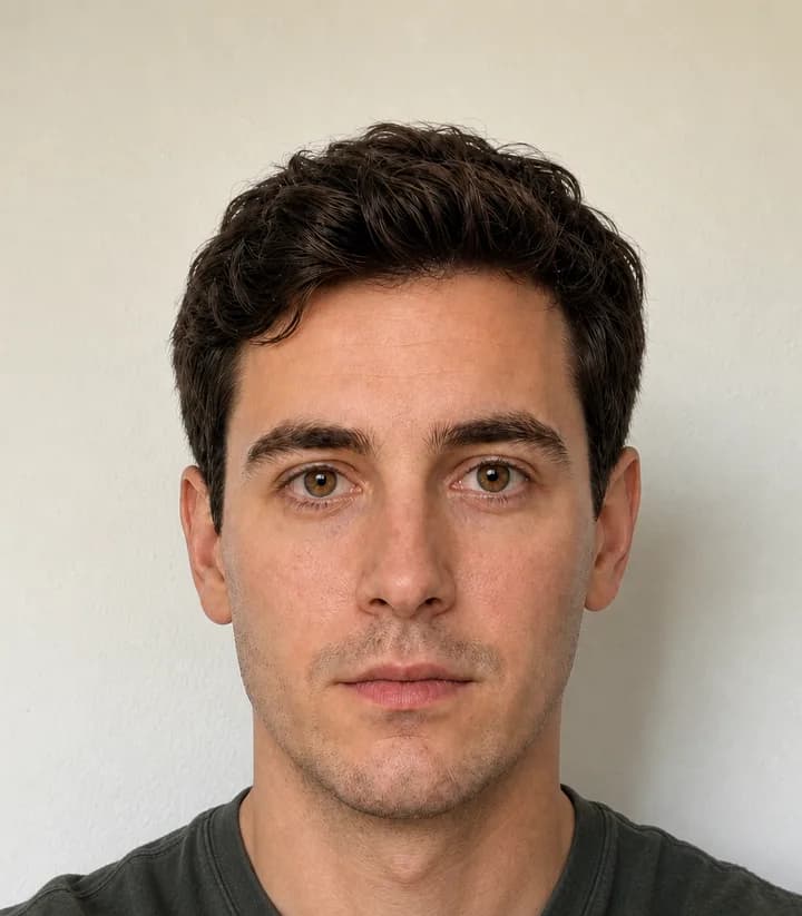 A casual phone selfie before it is made into a United Kingdom passport photo