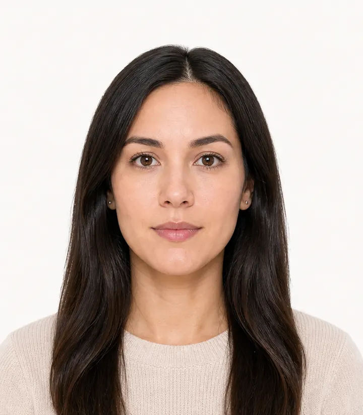 Finished compliant 2x2 inch US passport photo on a plain white background
