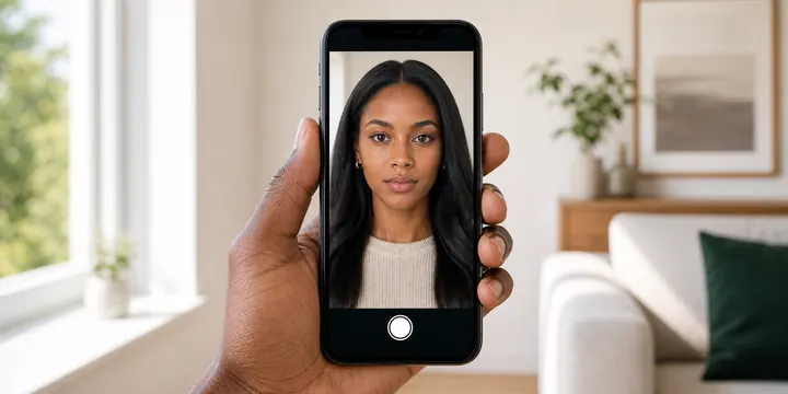 Person taking a passport photo selfie with a phone against a plain wall