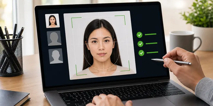 Photo being checked against US passport rules and cropped to 2x2 inches